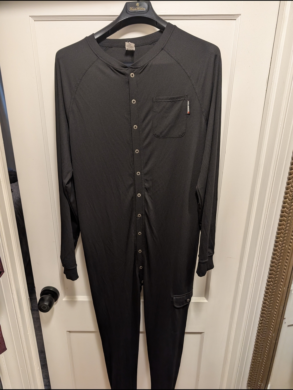 Men's Black Long-Sleeve Button Front One-Piece Unionsuit